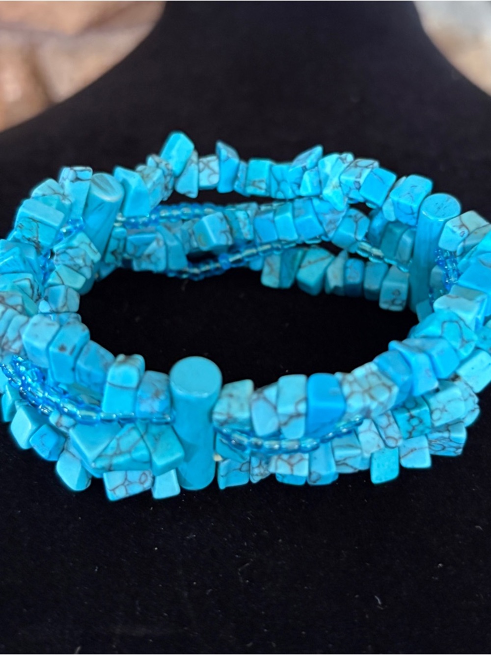 Turquoise Chip Stone Multi-Strand Stretch Bracelet - Blue 7 inch